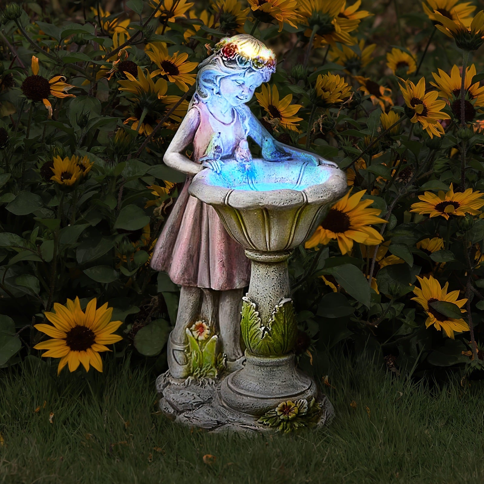 Outdoor Fairy Bird Feeder with Solar LED Light – Garden, Lawn & Porch Resin Decoration